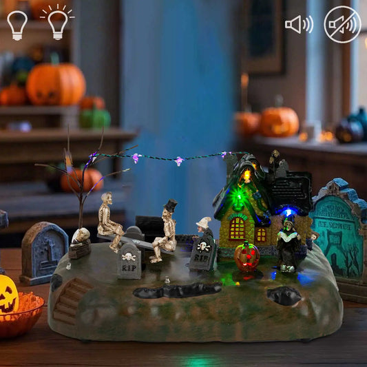 Halloween Village House Decoration with Rip Tombstones See-Saw and LED Light Terror Laughter Scary Collectible Building Holiday