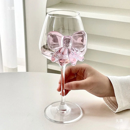 Pink Bow Glass Mug Decor Glass Cup Goblet Bow Handle Glasses Wine Cocktail Glass Dessert Ice Cream Bowl Drinking Glass