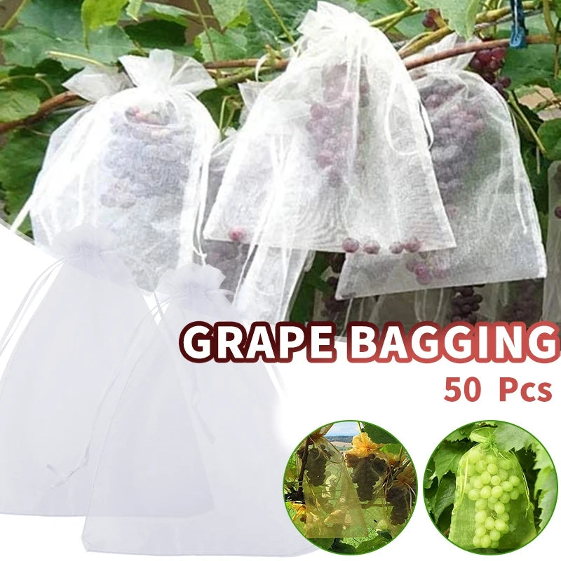 50Pcs Fruit Protection Bag Pest Contro Plants Anti-Bird Mesh Bags Grow Gardening Strawberry Grape Drawstring Bags Mesh Pouch