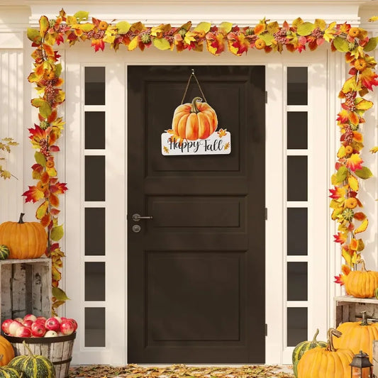Happy Fall Pumpkin Wooden Sign - Rustic Floral Door Hanger for Farmhouse Porch, Wall or Indoor/Outdoor Seasonal Display Decor
