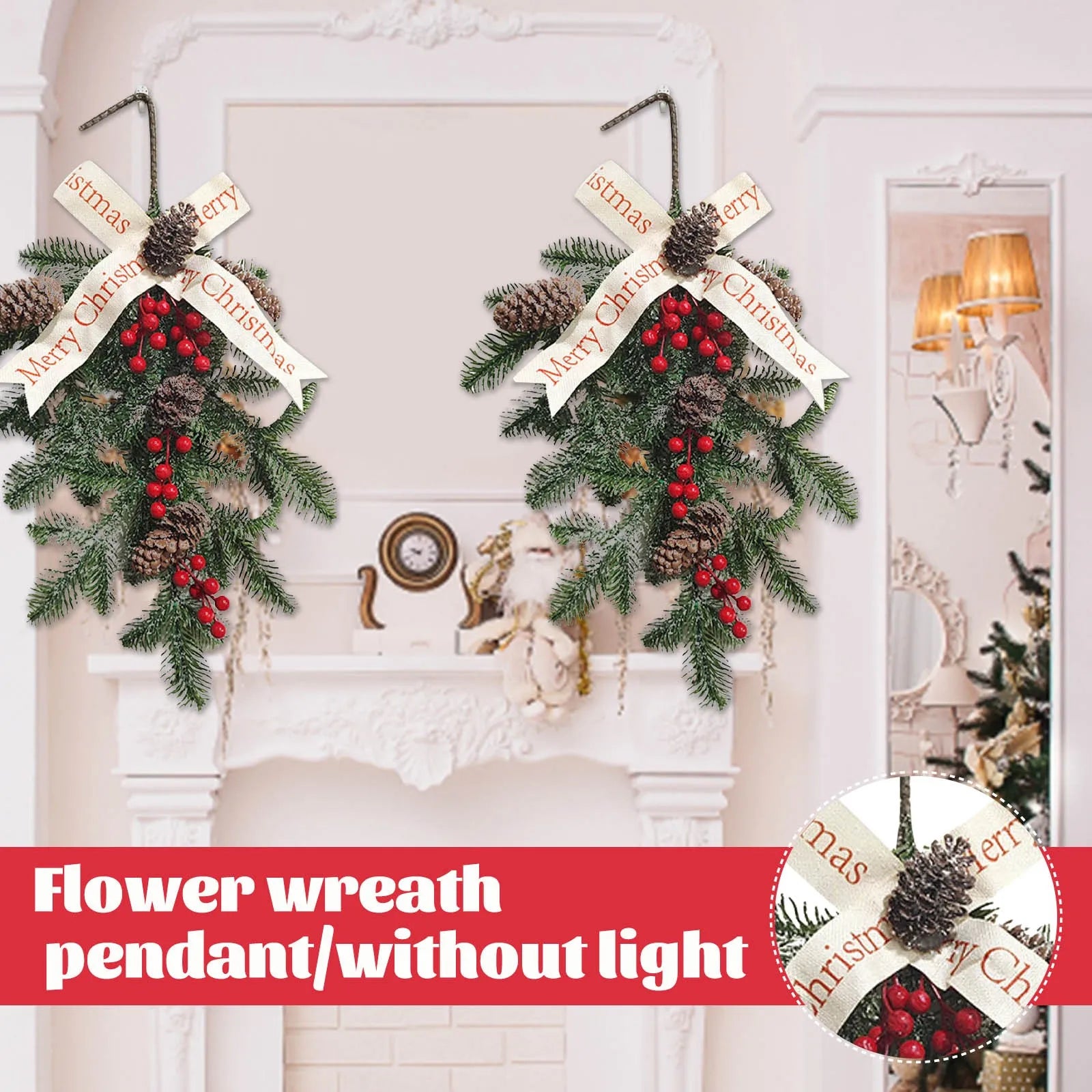 Christmas Wreath Decor Pine Needle Fake Fruit Needle Rattan Wall Hanging Wreath Home Door Garland Crown Table Event Party Suppli