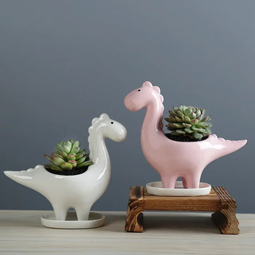 Ceramic Cartoon Dinosaur Planter with Tray, Creative Garden Pot for Succulents Plants Flower Pots Home Garden Desktop Decoration