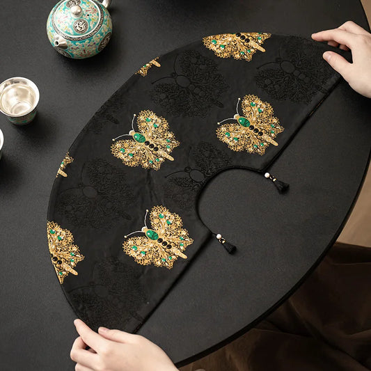 Tea Mat Chinese Retro Black Gold Butterfly Fan-shaped Table Mat Woven Brocade Jacquard Double-sided Tea Flag
