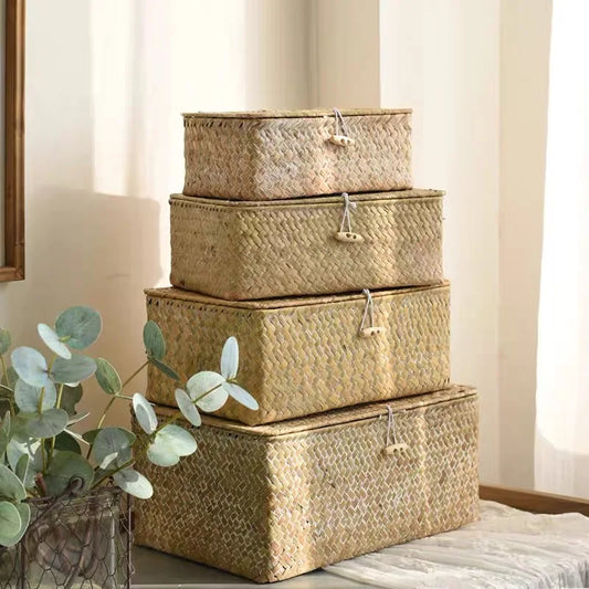 1PC Seagrass Basket Handmade Wicker Woven Storage Finishing Basket with Lid Bath Cosmetic Towel Container Decor Storage Boxes