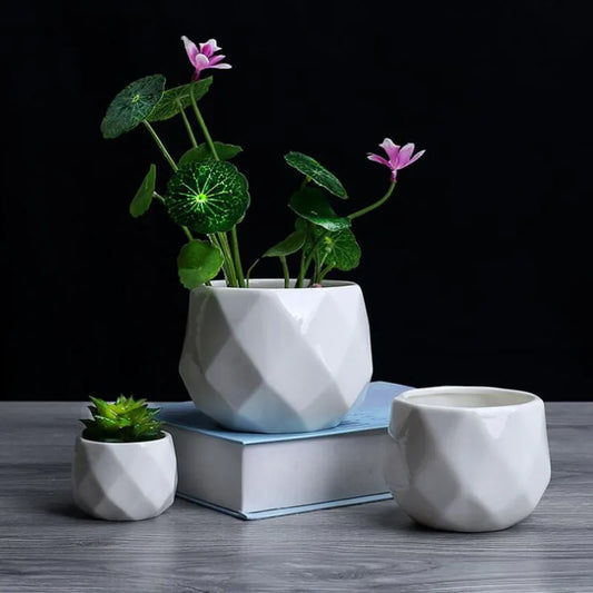European Simplicity Style White Porcelain Polyhedron Flower Pot Household Balcony Decorated Succulent Plant Pot Home Decor