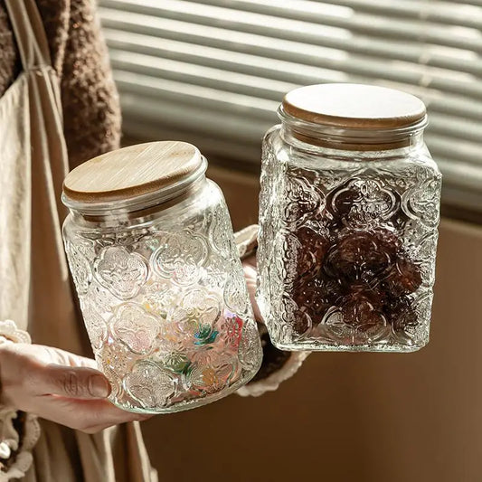 Storage Jar Household Large Food Grade Embossed Sealed Jar Tea and Miscellaneous Grains Collection Glass Jar with Lid