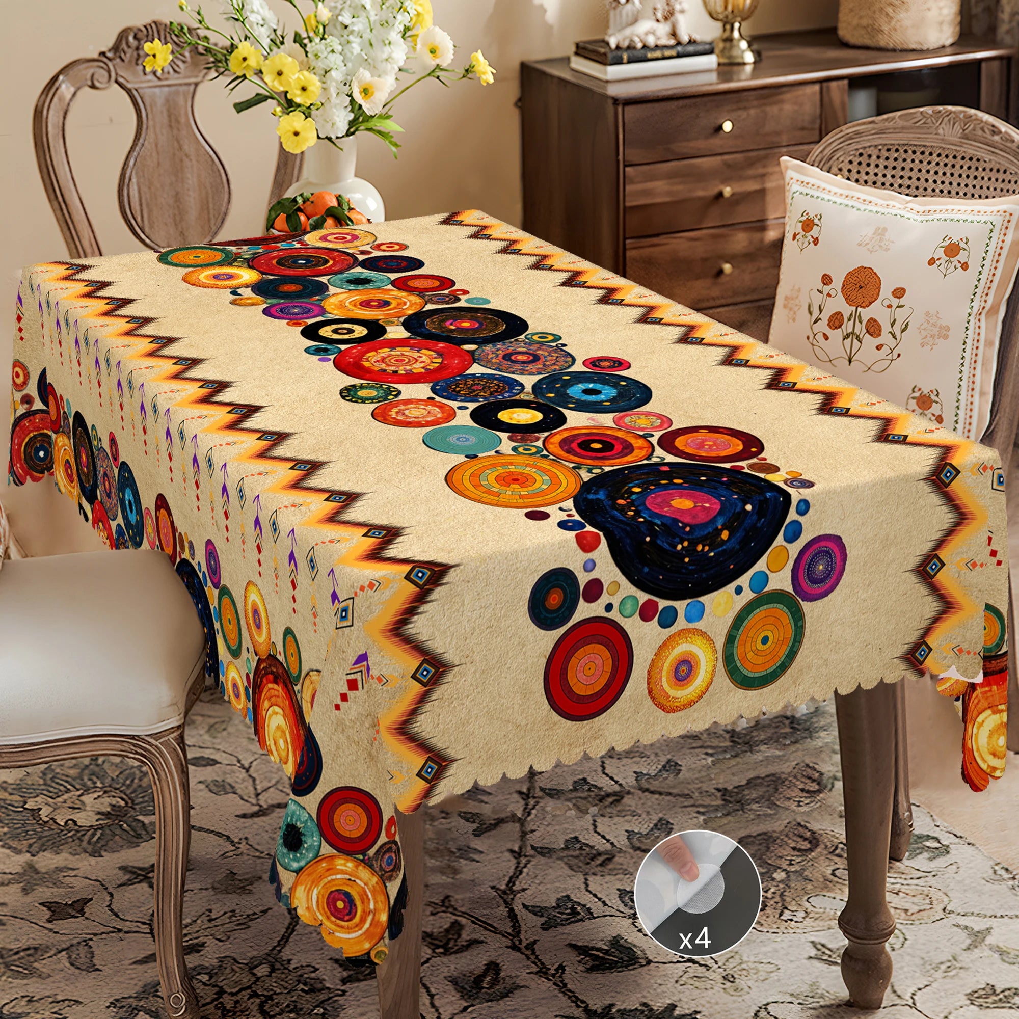 1 Piece of Bohemian Retro Farmhouse Theme Printed Tablecloth, Moroccan Style, Bright Bohemian Pattern Design, Suitable for Camping Style Picnic, Holiday Party, Garden Birthday Party Decoration, Kitchen Accessories, Restaurant