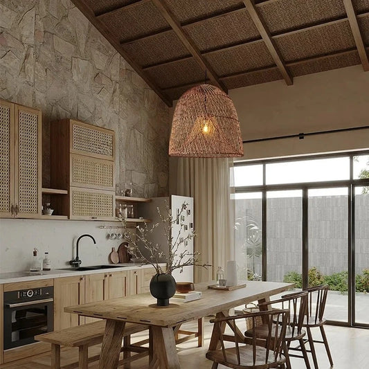 Vintage Style Retro Led Pendant Light Simple Creative Bedroom for Living Dining Room Table Hand Woven Bamboo Weaving Fixture