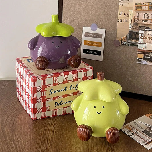 Birthday Gift for Boys Cute and Funny Eggplant Smiling Face Ceramic Mark Cup with Lid
