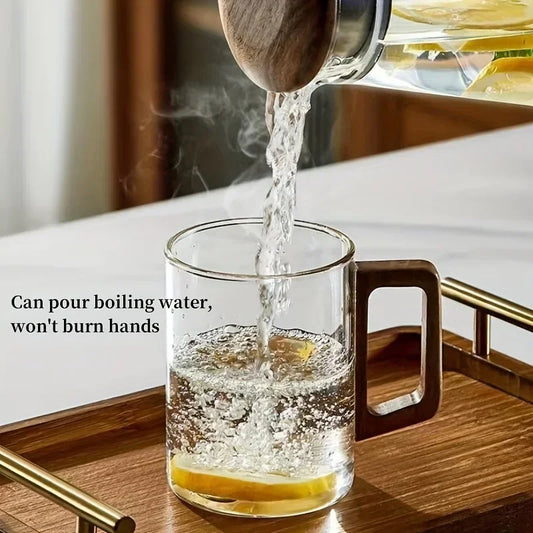 1/2pcs 400ml Glass Cups with Walnut Handle Household Heat-resistant Mug Large Capacity Tea Making Cup Office Drinking Glasses