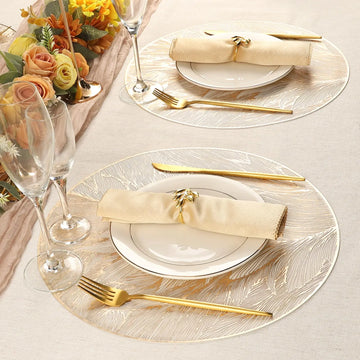 Round Placemats Feather Pressed Washable Gold Table Mats Dining Pressed Leaf Vinyl Place For Holiday Wedding Party Decoration