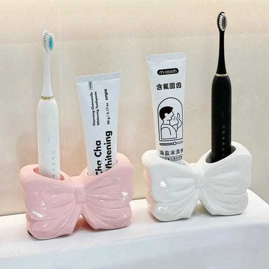 Bowknot Toothbrush Holder Ceramic Electric Toothbrush Holder Couple Washing Table Rack Bathroom Organizer Travel Accessories