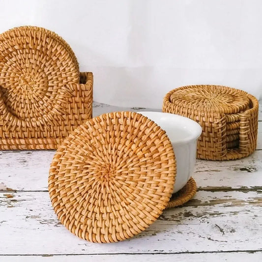 HEMU-Handmade Insulated Table Mats, Heat Resistant, Scald Resistant Rattan, Dining Tables, Plates, Coasters, Household Use, 6Pcs