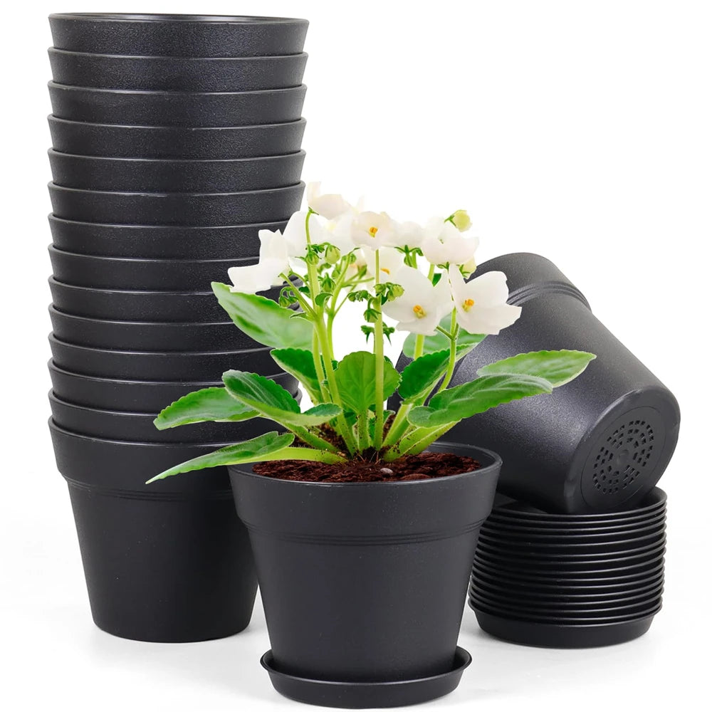 6 Pack 7 inch Plant Pots for Indoor Outdoor Plants, Flower Pots with Drainage Holes and Saucers, Decorative Plastic Planters