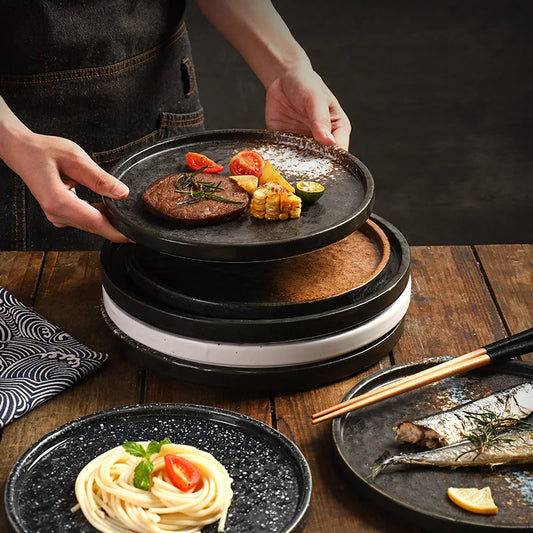 Creative Pasta Western Pizza Plates Ceramic steak plates Simple Stone Pattern Flat Tray Japanese Cuisine Home Restaurant Plate