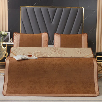 Summer Sleeping Mat Kit Random Color Cool Rattan Mattress Cover,Jacquard Cold Fitted Sheet Set,AB Side Straw 2/3pcs With Band