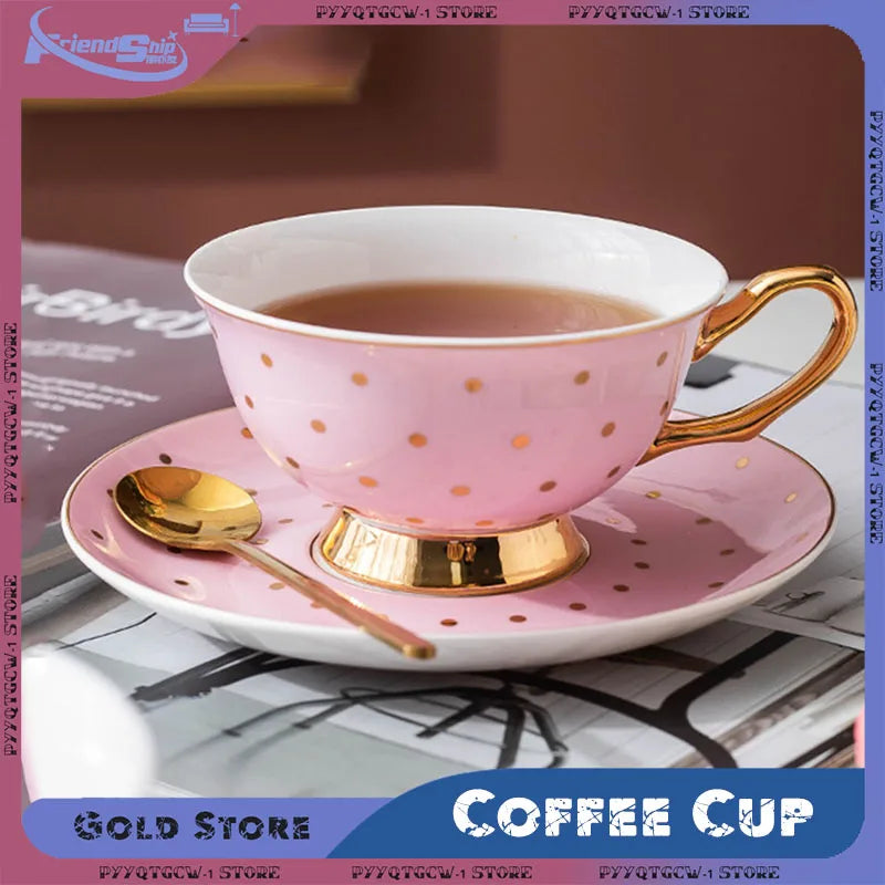Ceramic Coffee Cup with Plate Afternoon Tea Mug Golden Edged Cute Girls Milk Latte Cups Ceramic Kitchen Drinkware Tea Cup Set