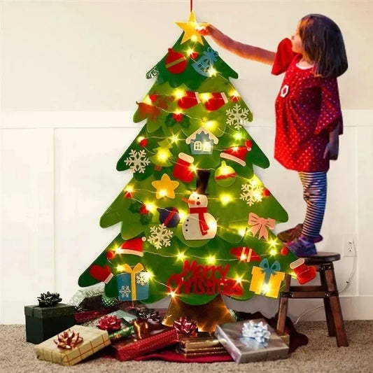 Felt Christmas Tree for Kids , Xmas Wall Hanging Ornaments Decorations with String Light for Toddlers Kids Detachable Ornaments