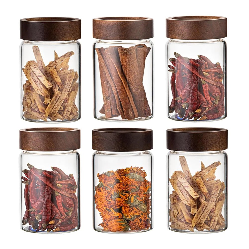 Glass Food Storage Jars with Screw Airtight Seal Acacia Wood Lids,Spice Jars with Lids, Organization for Jars Bottles Containers