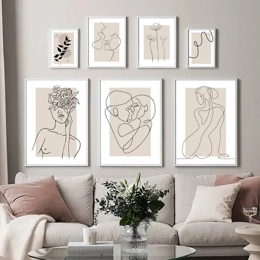 Abstract Line Girl Flower Leaf Wall Art Beige Nordic Posters And Prints Wall Pictures for Living Room Decoration Wall Painting