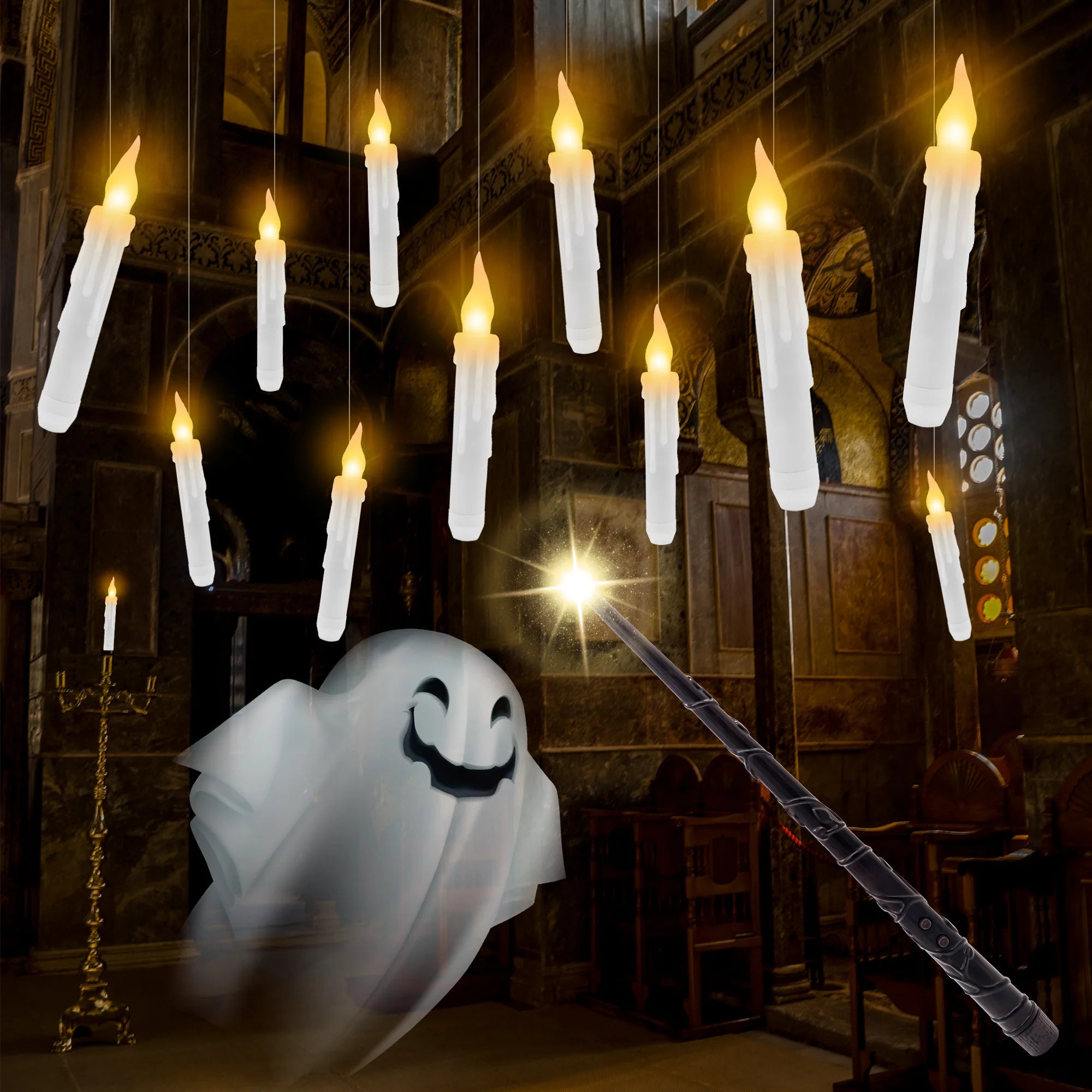 12 Pcs Floating Candles with Magic Wand Flickering Warm Light LED Flameless Candle Taper Candles for Christmas Halloween Party