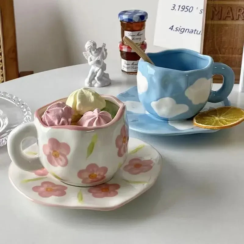 Japanese Hand Painted The Blue Sky and White Clouds Coffee Cup with Saucer Ceramic Handmade Tea Cup Saucer Set Cute Gift for Her