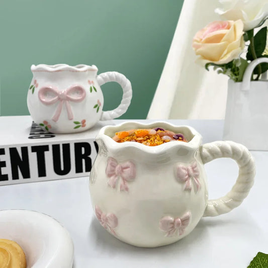 380ML French Ceramic Coffee Cup Cute Hand Pinch Bow Mug Afternoon Tea Ceramic Flower Tea Cup Household Breakfast Milk Mug Gifts