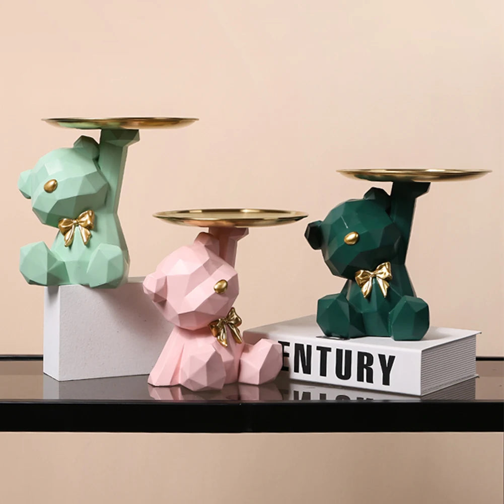Storage Sculpture Geometric Bear Key Holder Figurine Entrance Crafts Resin Desk Decor Candy Sundries for Office Coffee Supplies