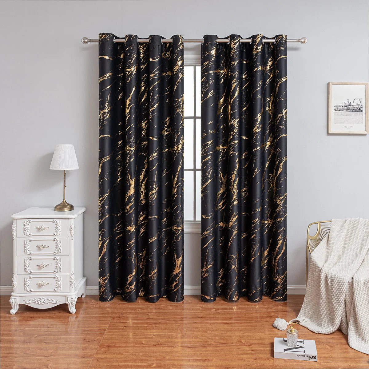 1PC hot stamping marble pattern high-precision perforated blackout curtains, suitable for decorating living room and bedroom