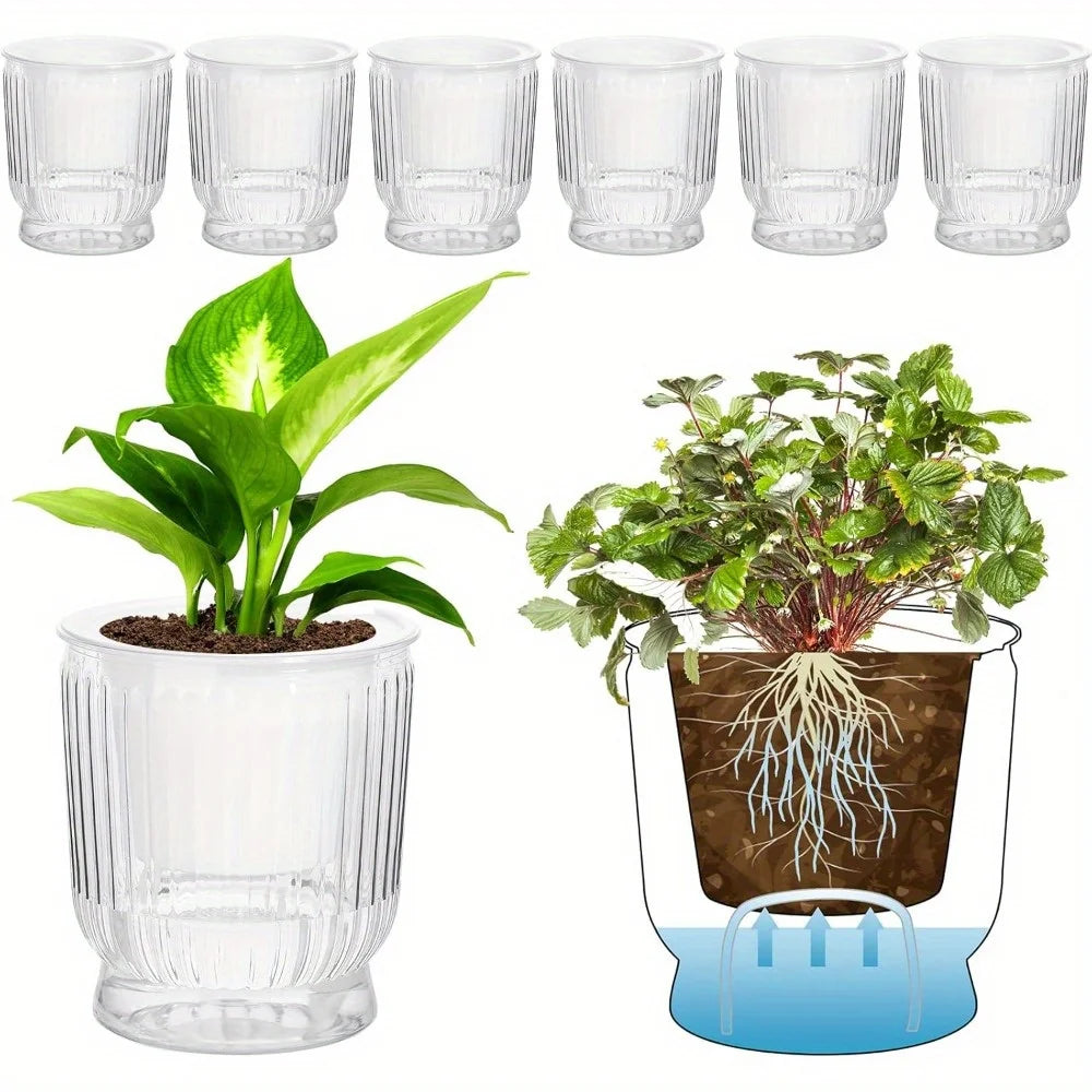 6pcs 4" Self-Watering Plastic Pots for Indoor Plants - Clear Bottom for African Violets, Herbs & House Plants