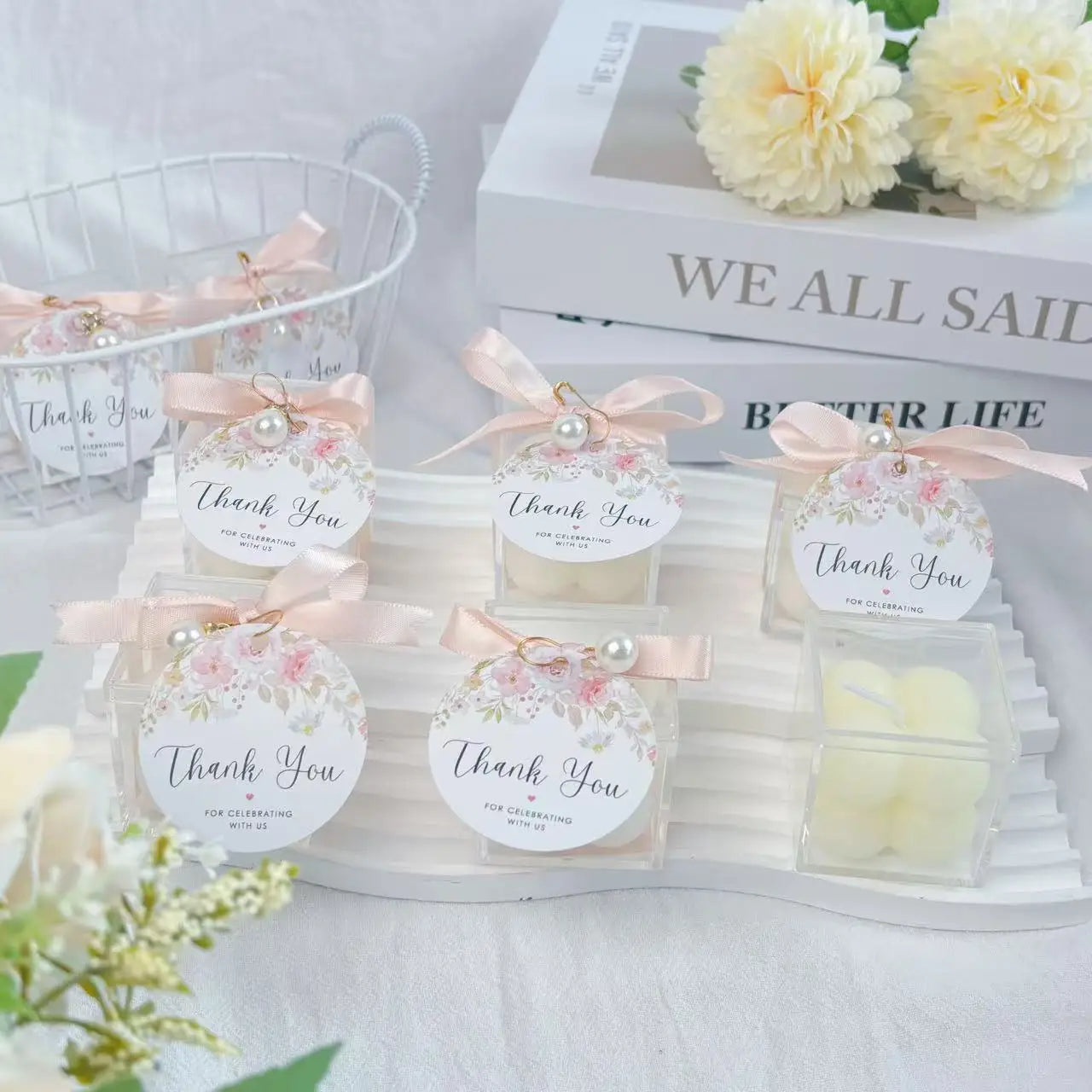 10/20sets Mini Scented Bubble Candles with  Acrylic Boxes, Ribbon & Pearls - Wedding, Bridal Shower, Baby Shower