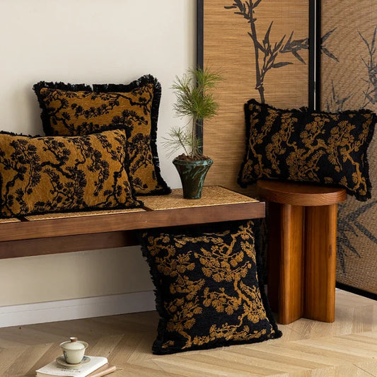 Black Gold Retro Cushion Cover Light Luxury Tassel Edge Pillowcase Wheat Ear Embroidered Bedhead Sofa Pillow Covers Decorative