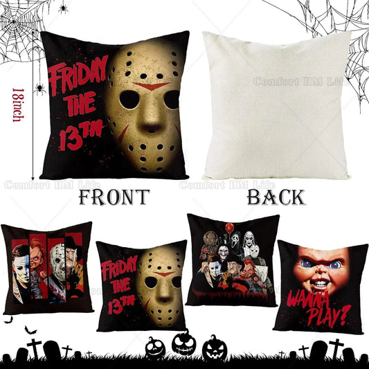 4Pcs Horror Classic Movie Characters Pillow Covers 18x18 Inch Halloween Throw Pillowcases Linen Decorative Square Cushion Covers
