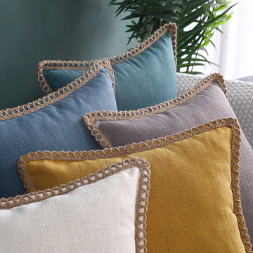Linen Farmhouse Cushion Cover 45x45cm Hemp Rope Edging Cotton& Linen Pillowcase  Living Room Sofa Decorative