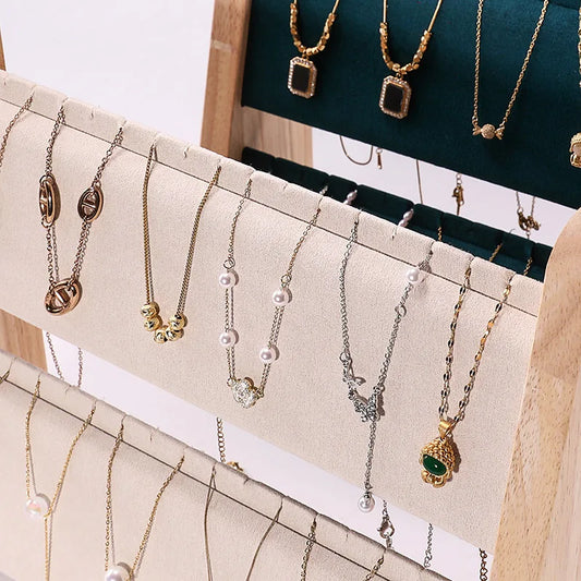 2-Layer Wooden Jewelry Display Stand – Necklace & Pendant Organizer with Velvet Mat | Naturalbuilthome