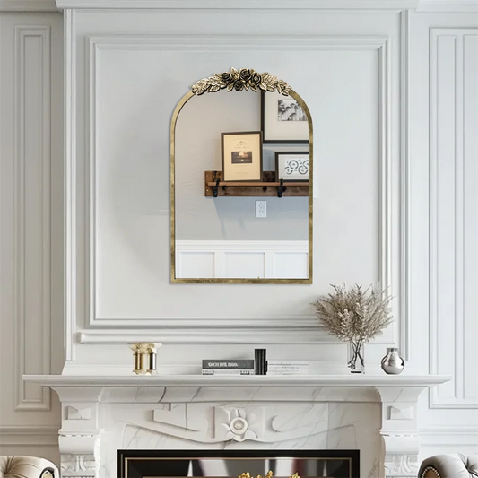 Baroque Arch Wall Mirror – Vintage Metal Frame with Resin Rose Details, Decorative Entryway & Living Room Mirror | NaturalBuiltHome