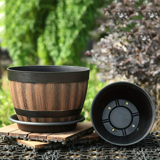 Retro whiskey barrel planter, resin striped garden flower pot with drainage holes and saucer, oval plant container