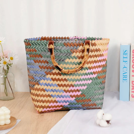 Trendy Plastic Woven Storage Basket with Colorful Patterns, Perfect Handheld Basket for Home and Travel Organization