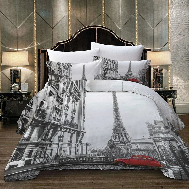 Novelty Gift Paris Tower Red Car Print Polyester Bedding Set Romantic London City Quilt Duvet Cover+Pillowcase 2/3pcs