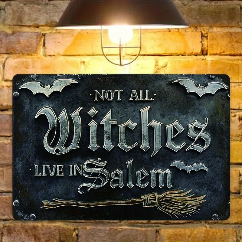 Halloween Metal Sign with Bat And Broom Design - "The Witch Lives in Salem" Scary Wall Decoration for Home, Garage Or Farmhouse