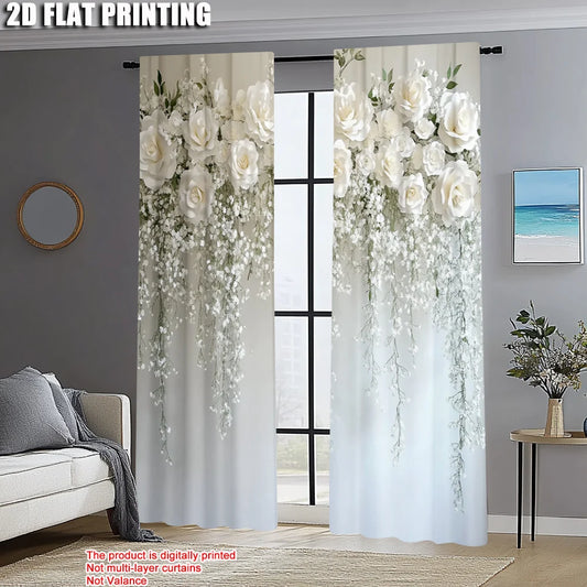 2pcs, Popular Curtains 2D print Elegant White Flowers Polyester Easy Install (without rod) Room Decor Perfect for Bedroom,