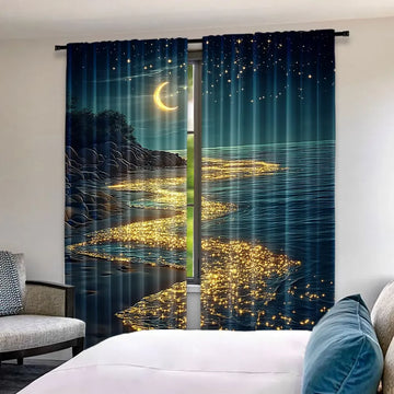2Pcs Beach Moonlight Curtain Ocean Coastal Sea Waves Starry Night Sky Scenery Fantasy Teal