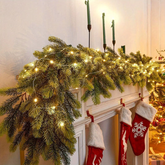 Handcrafted 74.8" Pine Christmas Garland with LED String Lights - Perfect for Indoor & Outdoor Holiday Decor, Christmas Decor