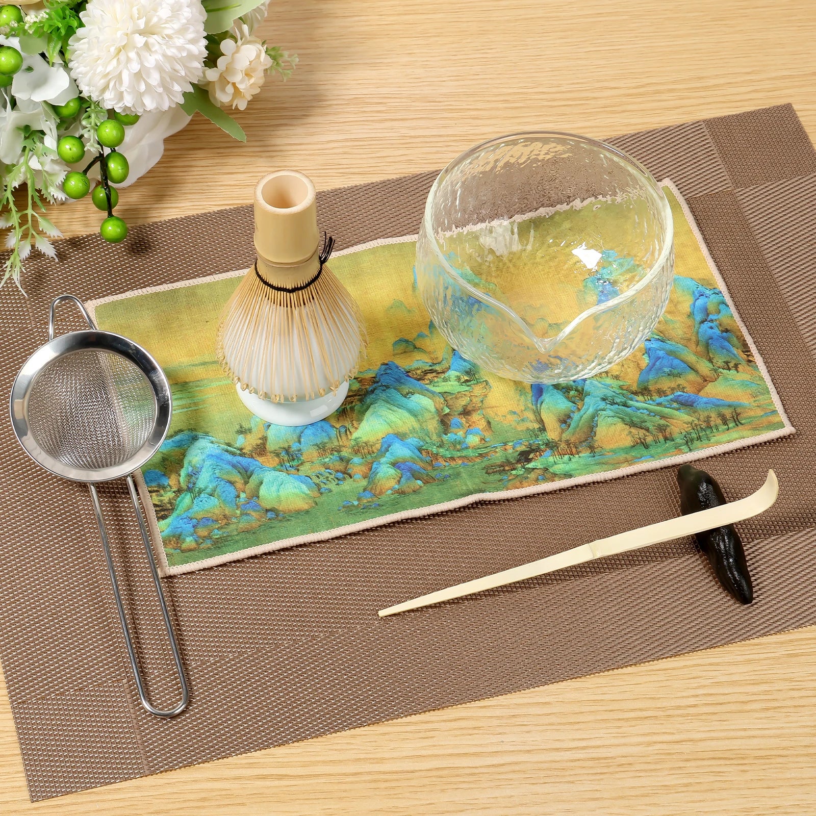4/7Pcs Handmade Matcha Whisk Set with Glass Bowl Bamboo Spoon Ceramic Whisk Holder and Sieve Matcha Teaset Set for Matcha Lovers