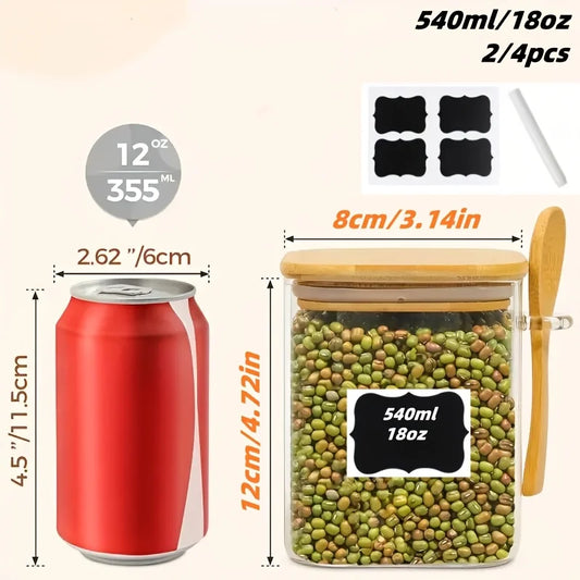 2/4Pcs-540Ml Kitchen Glass Spice Jar with Bamboo Lid, Square Food Storage Container, Overnight Oatmeal Container, Suitable for Kitchen Spices, Cereals, Tea, Coffee, Yogurt Jar with Spoon (Delivery Waterproof Labels, Whiteboar