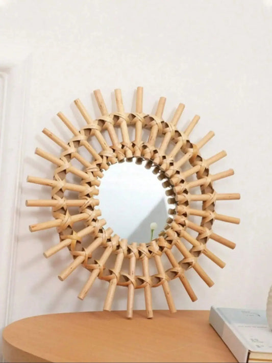 Boho Rattan Wall Mirror, Handmade Woven Sunburst Wall Art, Rustic Round Decorative Mirrors for Living Room Bedroom Home Decor