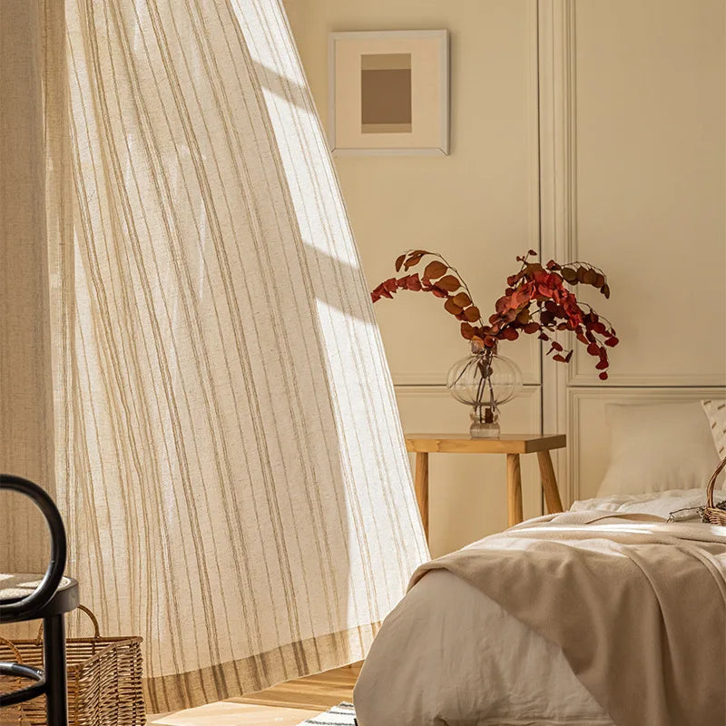 1/2 Panles Japanese Harajuku Style Striped Linen Gauze Curtains, Living Room And Bedroom Gauze Curtains