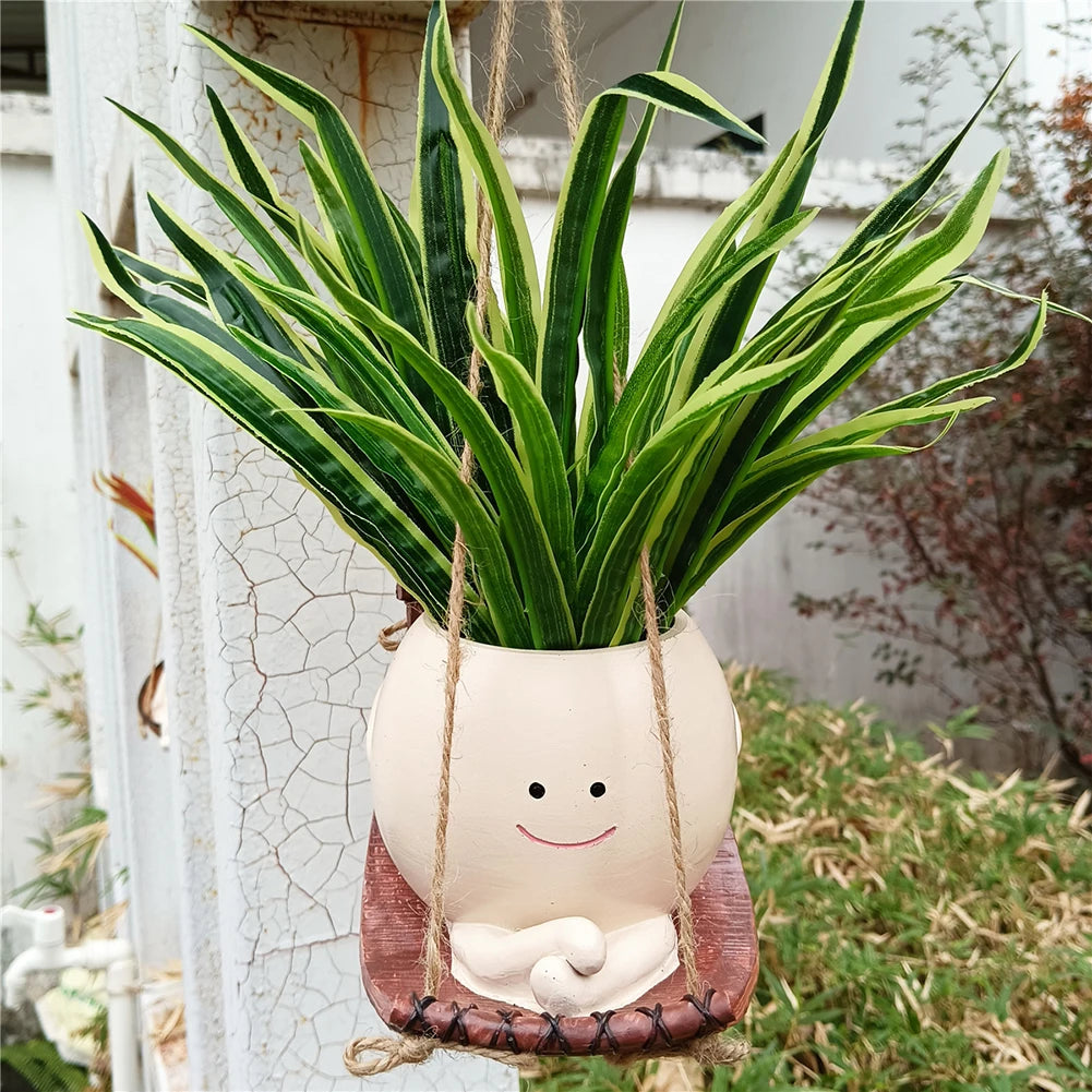 Hanging Hammock Planter Resin Swing Smile Face Planter Creative Smile Face Flower Container for Indoor Outdoor Plant