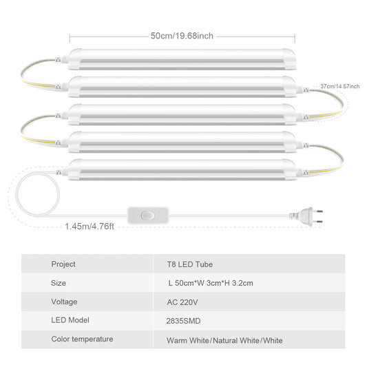 LED Tube T8 Lamp 220V EU Plug Aluminum Fluorescent Light Tube 50CM 25W LED Wall Lamp 50000 Hours Life Warm/Cold/Neutral White