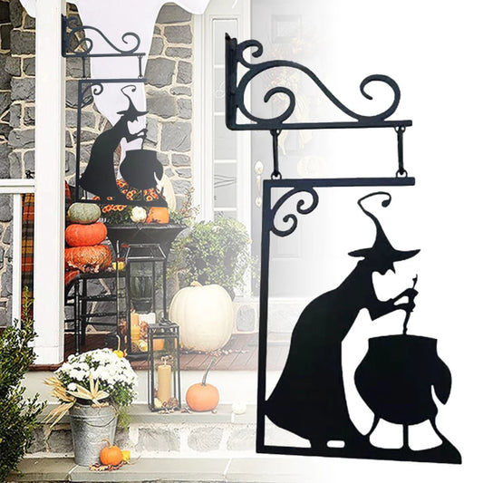 Halloween Metal Sign Witch Shape Iron Witch Boiler Silhouette Wall Mural Spooky Mysterious Witch Hanging Signage Horror